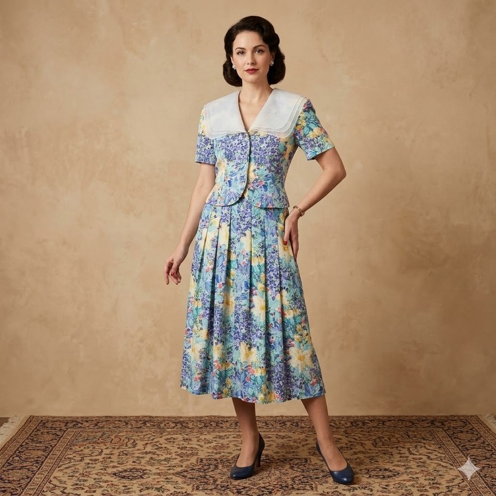 Vtg Talbots Joan Leslie Skirt Set Grandma Midi 2 XS Floral Silk SailorCollar Y2K